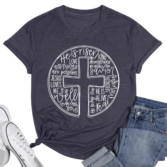 YUEHUA Easter Shirts for Women He is Risen T-Shirt Christian Easter Short Sleeve Easter Gift Bible Verse Tee Tops