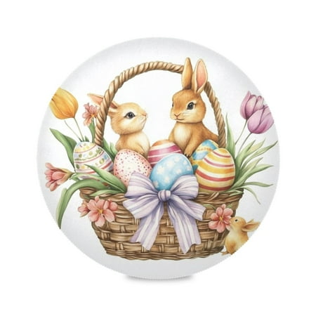 

Round Placemat Set 15.4 Inch Diameter Table Mats Heat-Resistant Decorative for Dining Tables Easter Basket with Bunnies