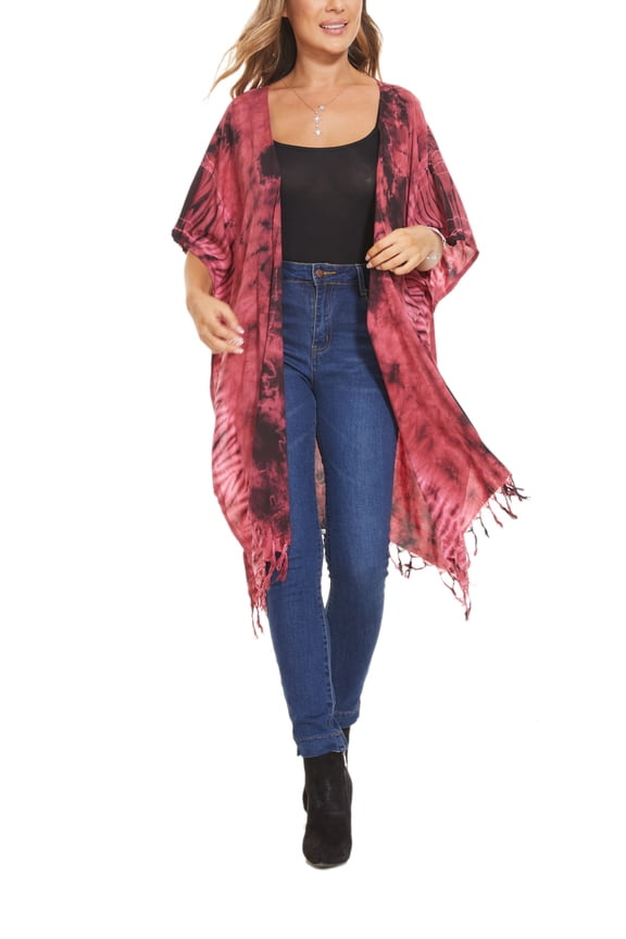 Red Women HIPPIE Gypsy Tie Dye Kimono Cardigan Shawl Wrap Swimsuit Cover Up Jacket One Size