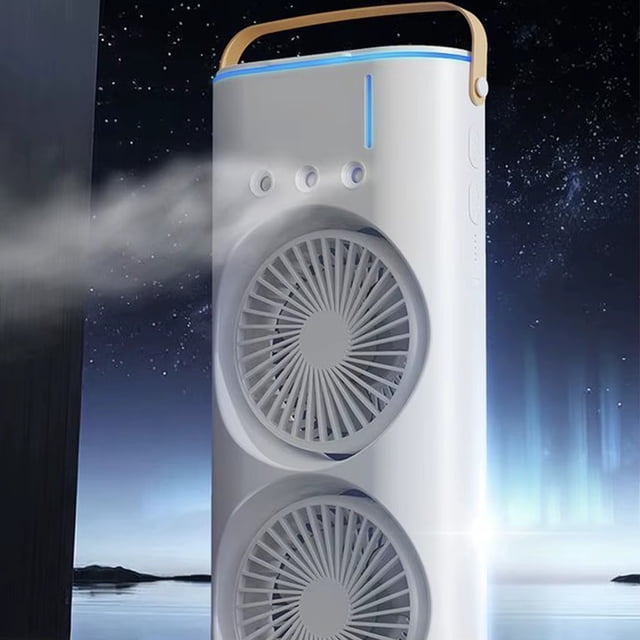 VENTILADOR DE TORRE CON CARGA USB, PORTÁTIL, 3 BOQUILLAS HUMIDIFICACIÓN Y LUZ LED