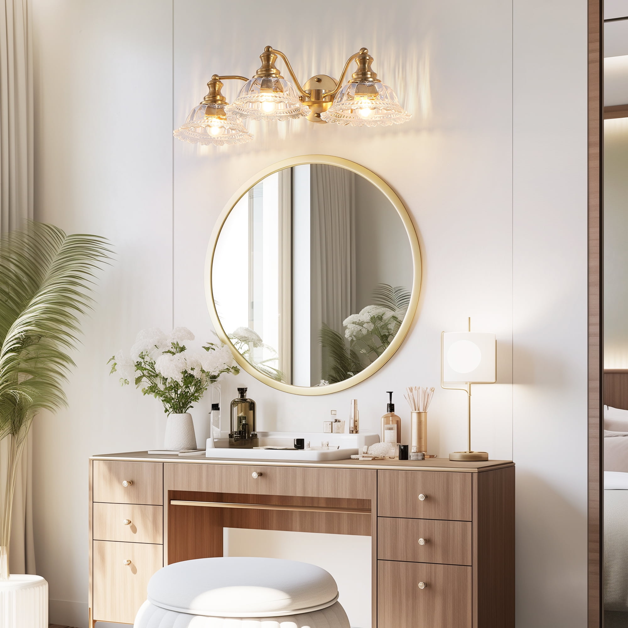 Jopath 24" 3-Light Vintage Bathroom Wall Sconce,Golden Metal and Glass Lampshade Vanity Light Fixture for Bathroom Hallway Bedroom (Bulb Not Included)