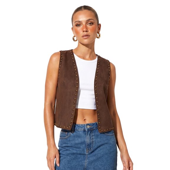 LMLYSoH Women's Fall Winter Vest Casual Suede Texture Stylish Studded Sleeveless Jacket Open Front Waistcoat