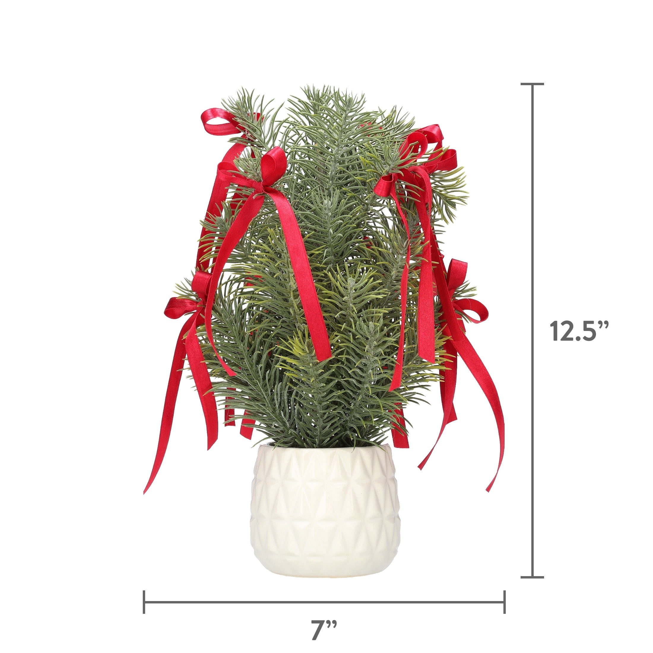 Evergreen with Bows Christmas Arrangement in Ceramic Pot, Green/White/Red, 12.3", by Holiday Time