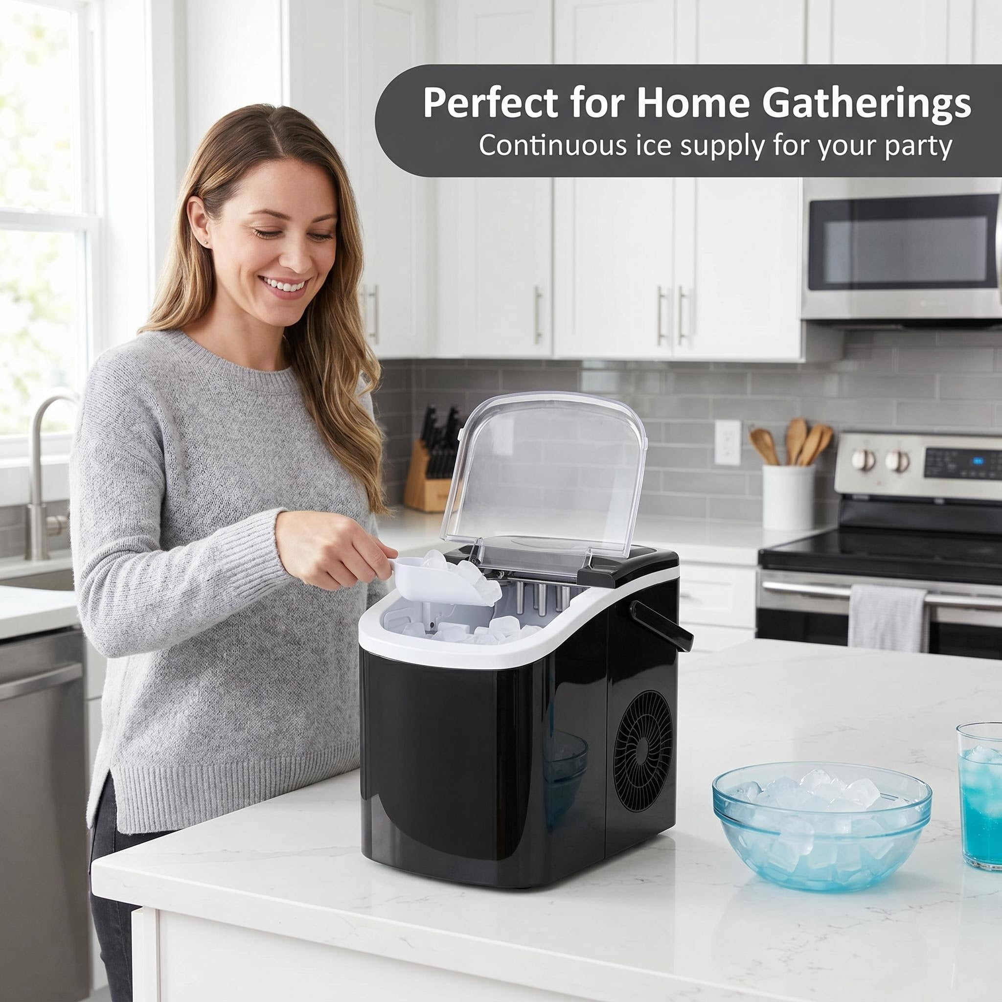 9 Bullet Ice Maker, 26.5lbs/24H Compact Countertop Ice Machine, 9 9 Bullet-Shaped Ices Ready in 6-13 Mins, Portable Ice Maker for Home, Bar