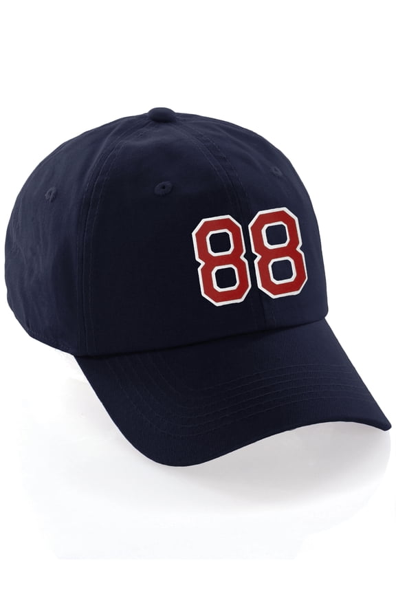 Customized Number Hat 00 to 99 Team Colors Baseball Cap, Navy Hat White Red Number 88