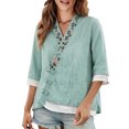 thumbnail image 4 of Mujeres manga corta de verano Tops imitación bordado V-cuello hebilla cinco cuartos de manga blusa, primavera en verano casual moda superior, 4 of 9
