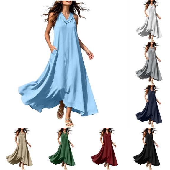 YuXingFu Cotton Dresses Casual Summer Maxi V-Neck Plus Size Womens Dress Sleeveless Flowy Long Casual Summer Black S