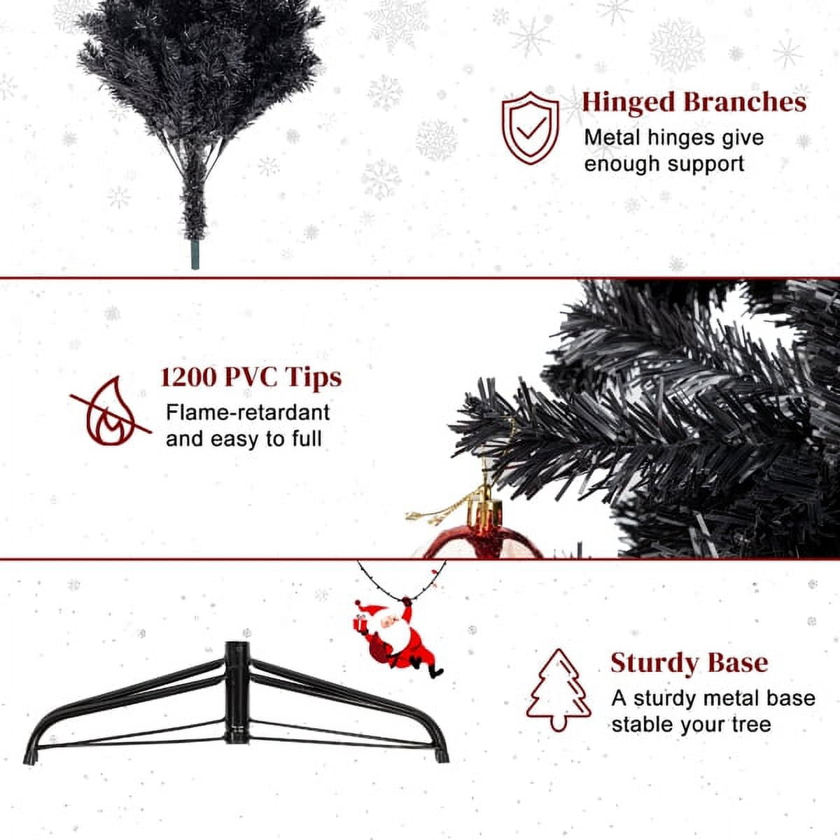 6 FT Black Artificial Christmas Tree - 1050 PVC Branch Tips, Flame-Retardant Material, Sturdy Iron Base, 3-Step Easy Assembly