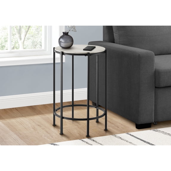 Miekor Furniture Accent Table, End, Round, Side Table, Small, Lamp, Living Room, Bedroom, Nightstand, Washed Oak Laminate, Black Metal, Contemporary 00229