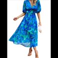 thumbnail image 1 of Vestidos de Verano para Mujer 2025, Informales, con Mangas Abullonadas, Cuello en V, Florales, Estilo Bohemio, Vestido . Azul L, 1 of 10