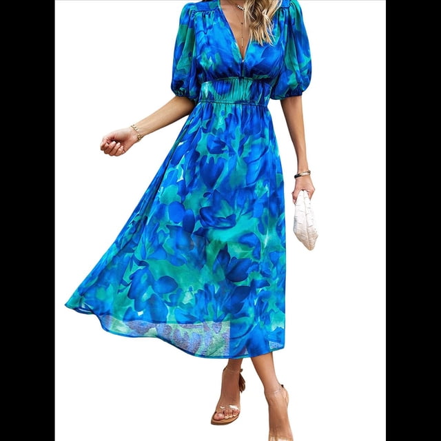 Vestidos de Verano para Mujer 2025, Informales, con Mangas Abullonadas, Cuello en V, Florales, Estilo Bohemio, Vestido . Azul L
