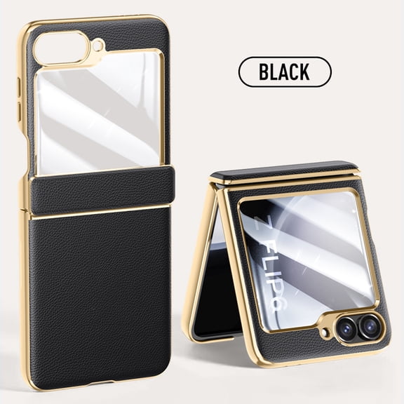 for Samsung Galaxy Z Flip 6 Case, Hinge Protection Luxury PU Leather Electroplated Design Skin Friendly Phone Cover for Samsung Galaxy Z Flip 6, with Tempered Glass Screen Protector, Black