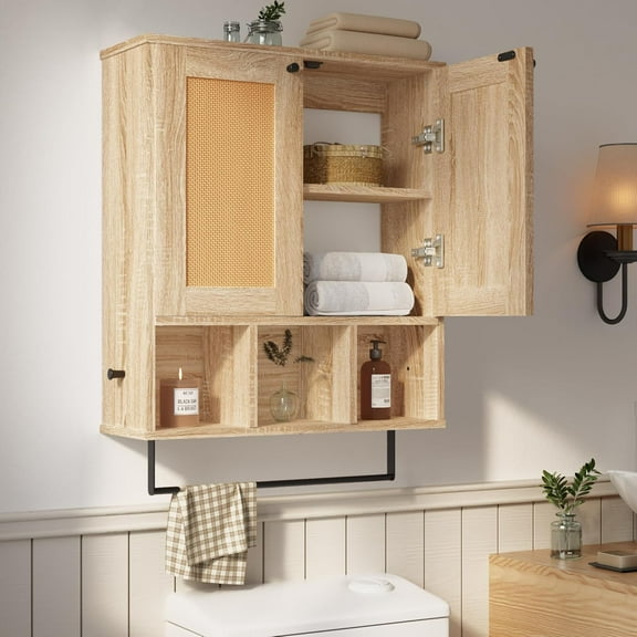 EROMMY Rattan Bathroom Wall Cabinet, Wall Mounted Medicine Cabinet with Towel Bar & Adjustable Shelf, Space Saving Hanging Cabinet Over The Toilet