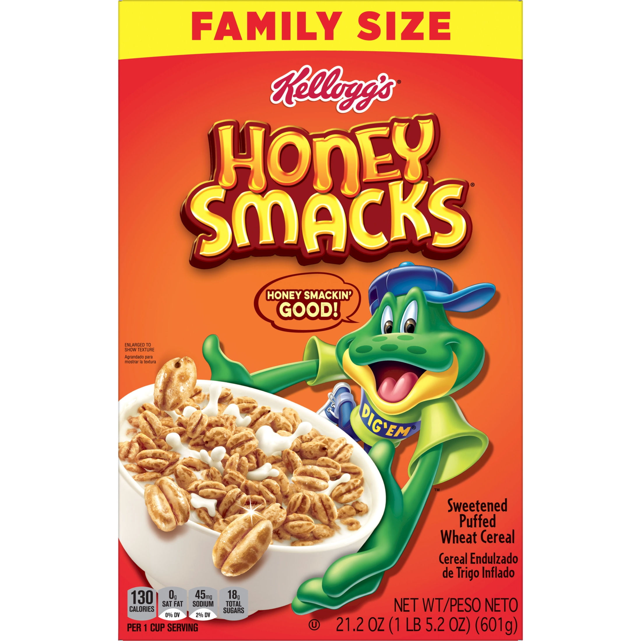 (3 pack) Kellogg's Honey Smacks Original Breakfast Cereal, Made with Whole Grain, Family Size, 21.2 oz