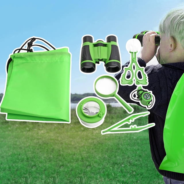 Kits de Exploración al Aire Libre para Niños Cuticat Mochila Juego de Juguetes Set Regalo de Cumpleaños Binoculares Lupa para Patio Trasero Verde