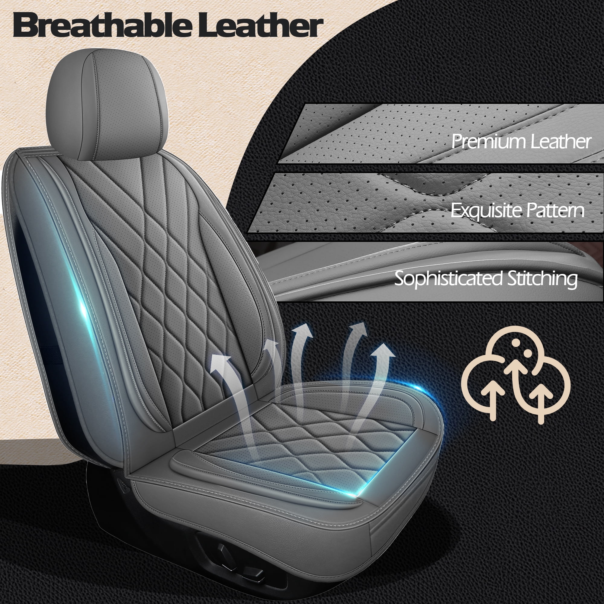 LINGVIDO Premium Leather Car Seat Cover Universal Fit for SUV & Sedan, Full Set Breathable Durable Seat Cushion,Grey,5 Seats
