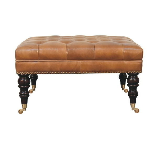 Lesuto Studded Buffalo Tan Leather Ottoman with Castor Legs - Nordic Style, Wood, 0 Drawers