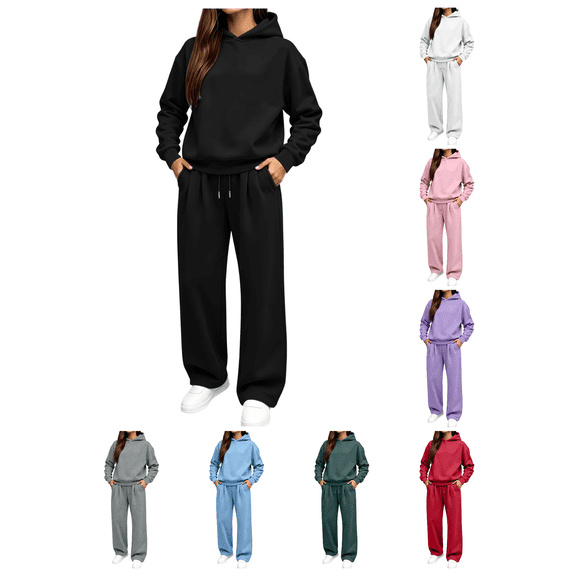 Zynoxe Womens Sweatsuits 2 Piece Set Long Sleeve Hooded Sweatshirt & Elastic Drawstring Waist Sweat Pants Suit Versatile Solid Color Tracksuit Set Lightweight Suit Set with Pockets Black S