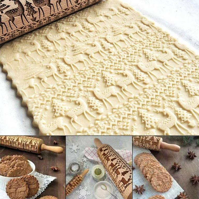 Christmas Wooden Rolling Pins with Christmas Tree and Deer Pattern Engraved Embossing Rolling Pin for Baking Embossed Cookies Rolling Pin for