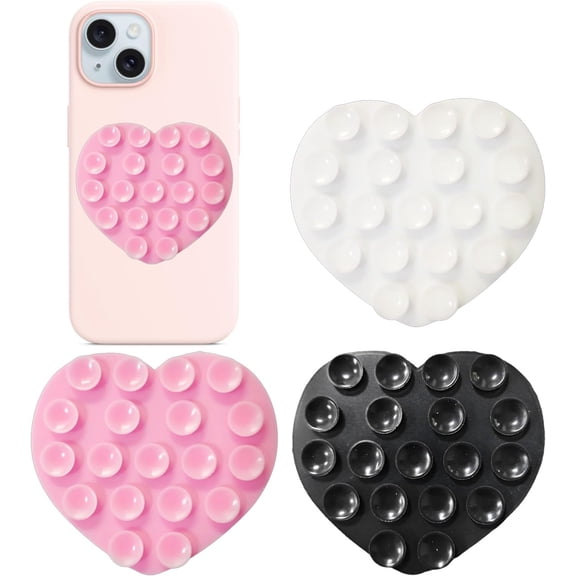 Heart-Shaped Silicone Phone Sticky Grip - Adhesive Back Phone Holder for iPhone & Android, Selfie Mirror Mount with Strong Suction Cup, Hands-Free Grip for Phone Case (Pink, White, Black)