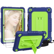 FIEWESEY Kids Case for Amazon All-New Fire 7 Tablet (12th Gen,2022 Release),Shockproof Kids Rugged Case with Shoulder Strap Case for Fire 7 Tablet 2022 Release Screen Protector(Navy Green,2 Pcs)
