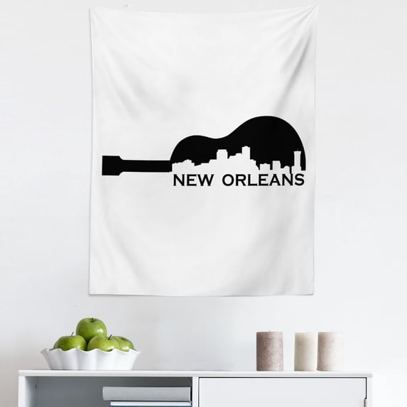 New Orleans Tapestry, Modern Composition of a Guitar Shape with the City Skyline Silhouette, Fabric Wall Hanging Decor for Bedroom Living Room Dorm, 5 Sizes, Charcoal Grey White, by Ambesonne