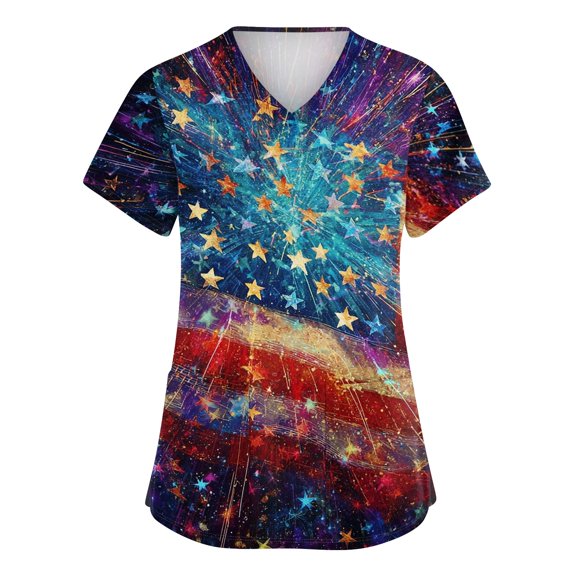 250th Anniversary USA Scrub Tops for Women Loose Short Sleeve USA Flag Print Scrub Shirts V Neck 4th of July Celebration Party Scrubs Medical Nurse Workwear Nursing Uniform with Pockets Dark Blue M