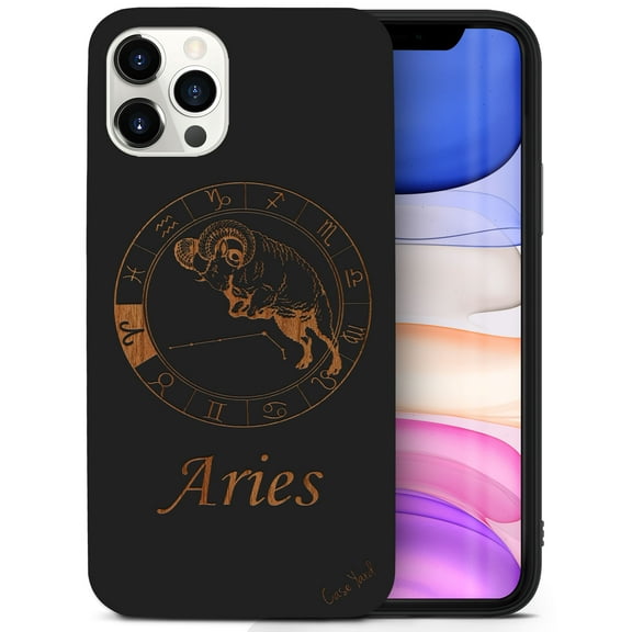 Case Yard Wooden Case for iPhone-12/12-Pro Soft TPU Silicone cover Slim Fit Shockproof Wood Protective Phone Cover for Girls Boys Men and Women Supports Wireless Charging Aries Sign Design