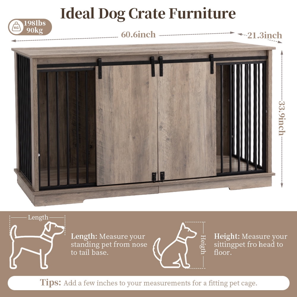 Large Dog Crate Furniture with 2 Divider End Table, DOMIPET Wooden Indoor Dog Kennel TV Stand, Metal Tube & 2 Lockable Barn Door