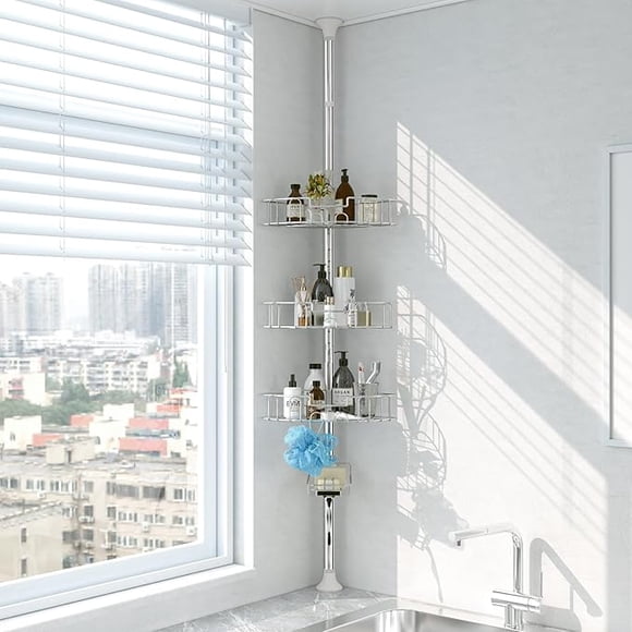 Tension Pole Shower Caddy, Rustproof Stainless Steel Corner Shower Caddy Stand Rack Storage Organizer with Tension Pole for Bathroom Bathtub Shampoo Soap Plants, 4 Tier Shelves, 54 to 125 Inch