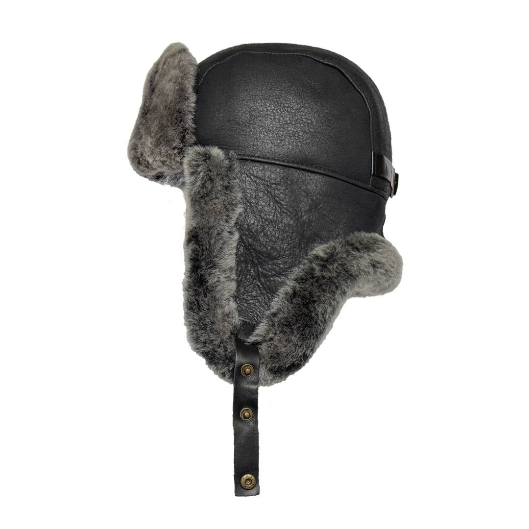 Leather Aviator Russian Ushanka Trapper Shearling Sheepskin Fur Ear Flap Waterproof Winter Hat (US, Alpha, Large, Black/Gray)