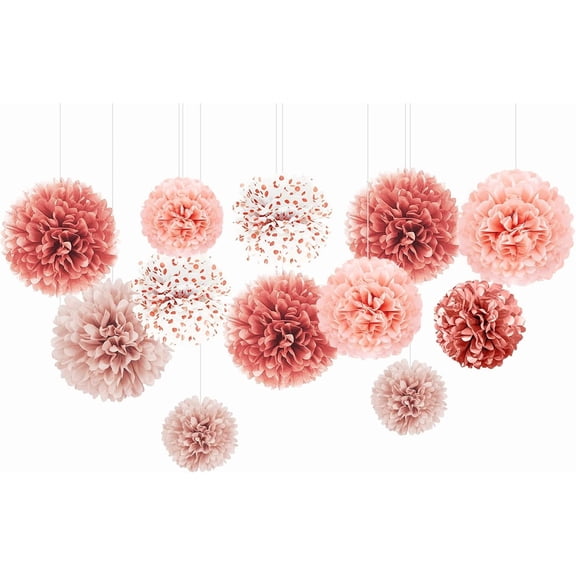 Wedding Decorations - 12 PCS Rose Gold Tissue Paper Pom Poms for Engagement Party Wedding Birthday Bridal Shower Bachelorette Baby Shower Ceiling Valentine's Day Party Backdrop Decor