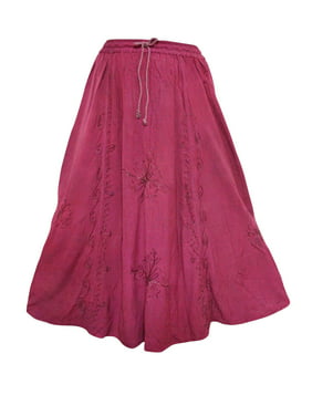 Mogul Womens Gypsy Summer Skirt Long Skirts Pink Floral Embroidered A-Line Boho Style Skirts S/M