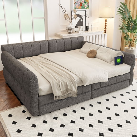 Queen Size Upholstered Platform Bed with USB and 2 Drawers, Gray
