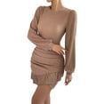 thumbnail image 2 of Kilaqueen Womens Elegant Mini Dresses Sexy Crew Neck Lantern Long Sleeve Ruched Bodycon Dress Slim Fitness Stretchy Cocktail Dresses Club Party Dress, 2 of 7