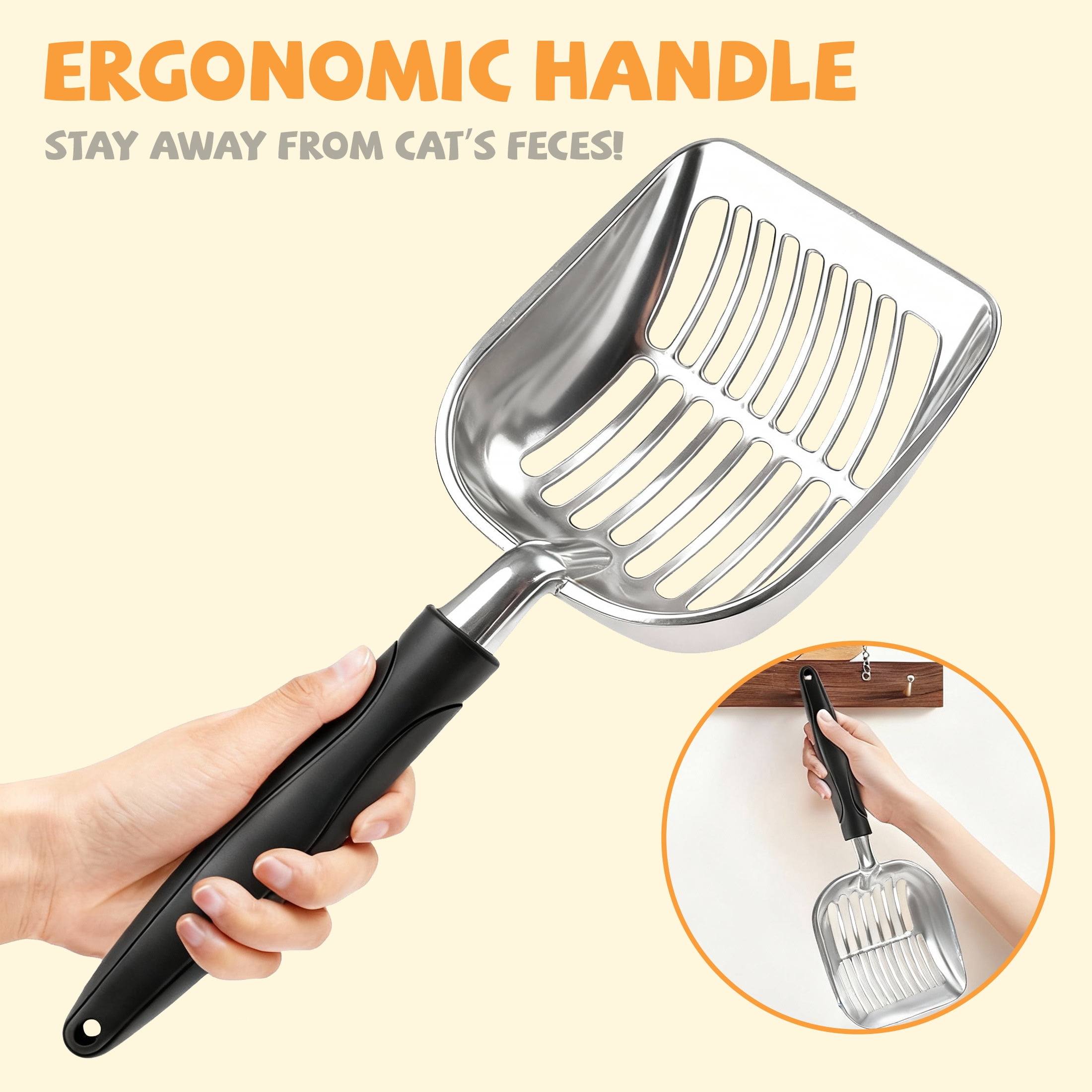 Cat Litter Scoop, Metal Cat Scooper with Deep Shovel and Long Handle, Poop Sifting, Kitty Litter Scooper for Cat Litter Box