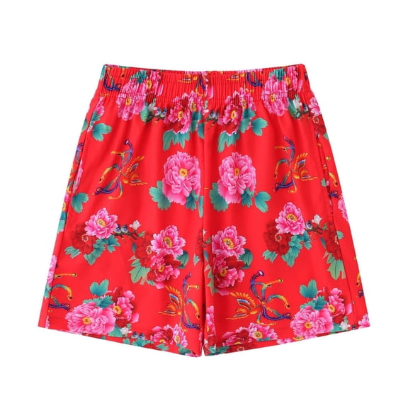 CPNG Children's Boys Summer Casual Shorts Chinese Flower Graphic Printed Shorts Elastic High Waist Loose Fit Shorts(Red,8-9 Years)