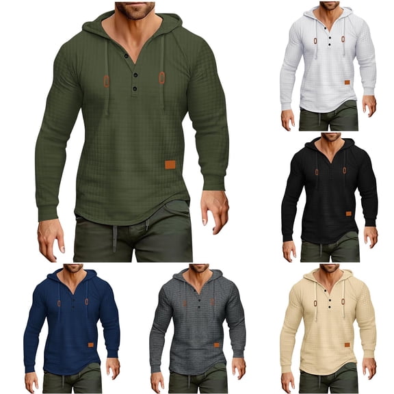 Namayuj Waffle Hoodies for Men Fall Solid Color Hooded Sweatshirt Trendy Pullover Tops Soft Long Sleeve Hoodie