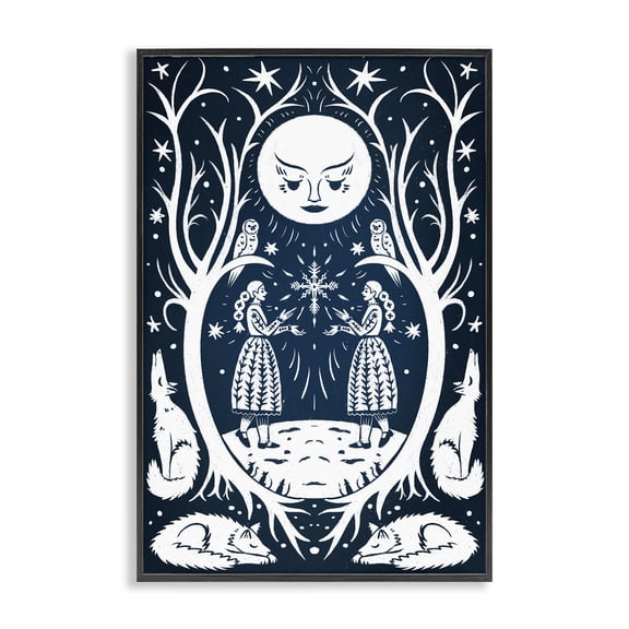 Stupell Industries Bohemian Woodland Folk Girls with Moon Black Framed Giclee Art, 12 x 18, by Hannah Moren
