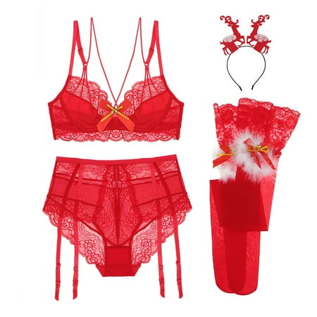 

Christmas Lingerie Sexy Lace Bra Garters Panty and Stocking and Headband 4 Piece