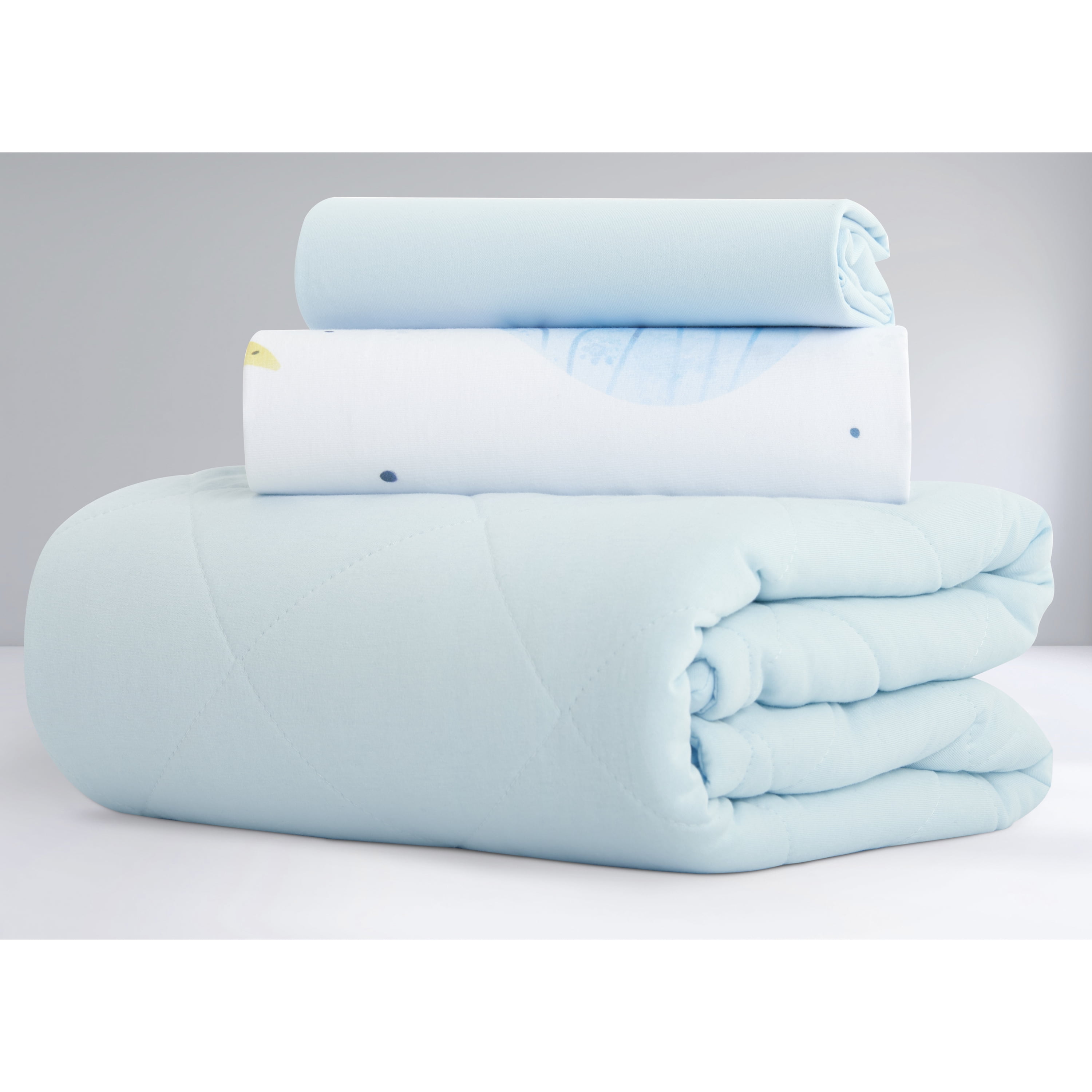 Evolur Space Adventure Collection 3pc Toddler Bed Set (Fitted Sheet, Comforter, Pillow Case) in Arctic Blue & Space Print