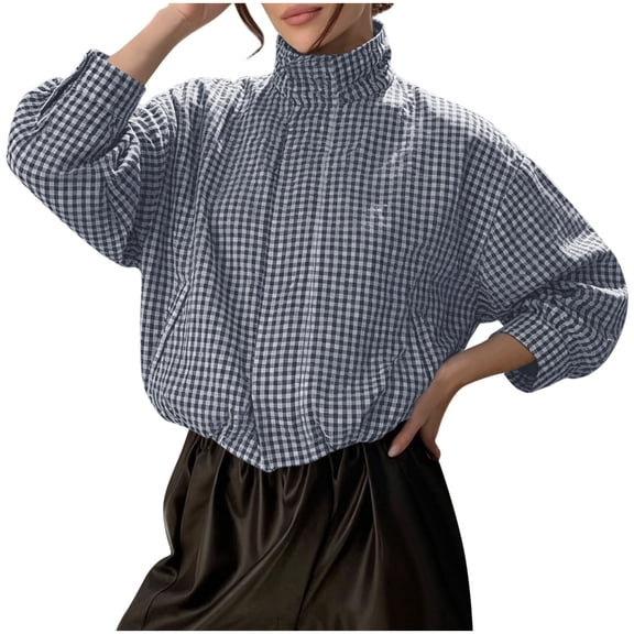 QIYAGBSA Gingham Cropped Puffer Jacket for Women Stand Collar Zip Up Long Sleeve Elastic Hem with Pockets for Fall Dinner and Weekend Wear