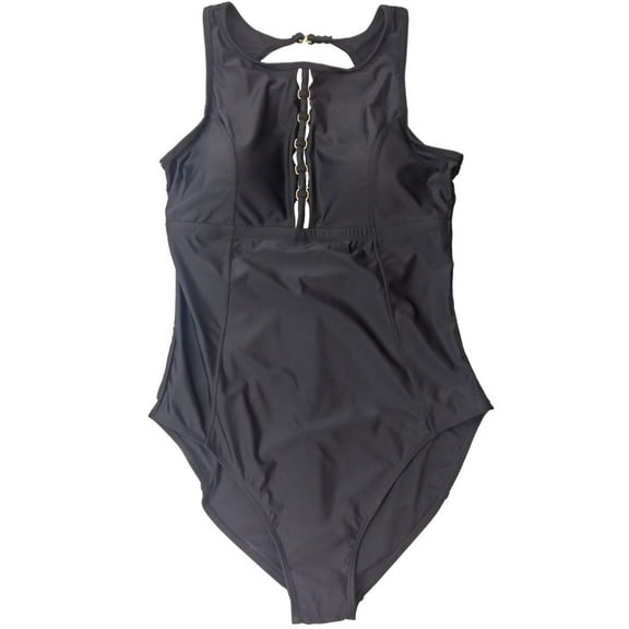 Womens Black & Gold Buckle One Piece Buckle V-Neck Accent Top Swimming Suit