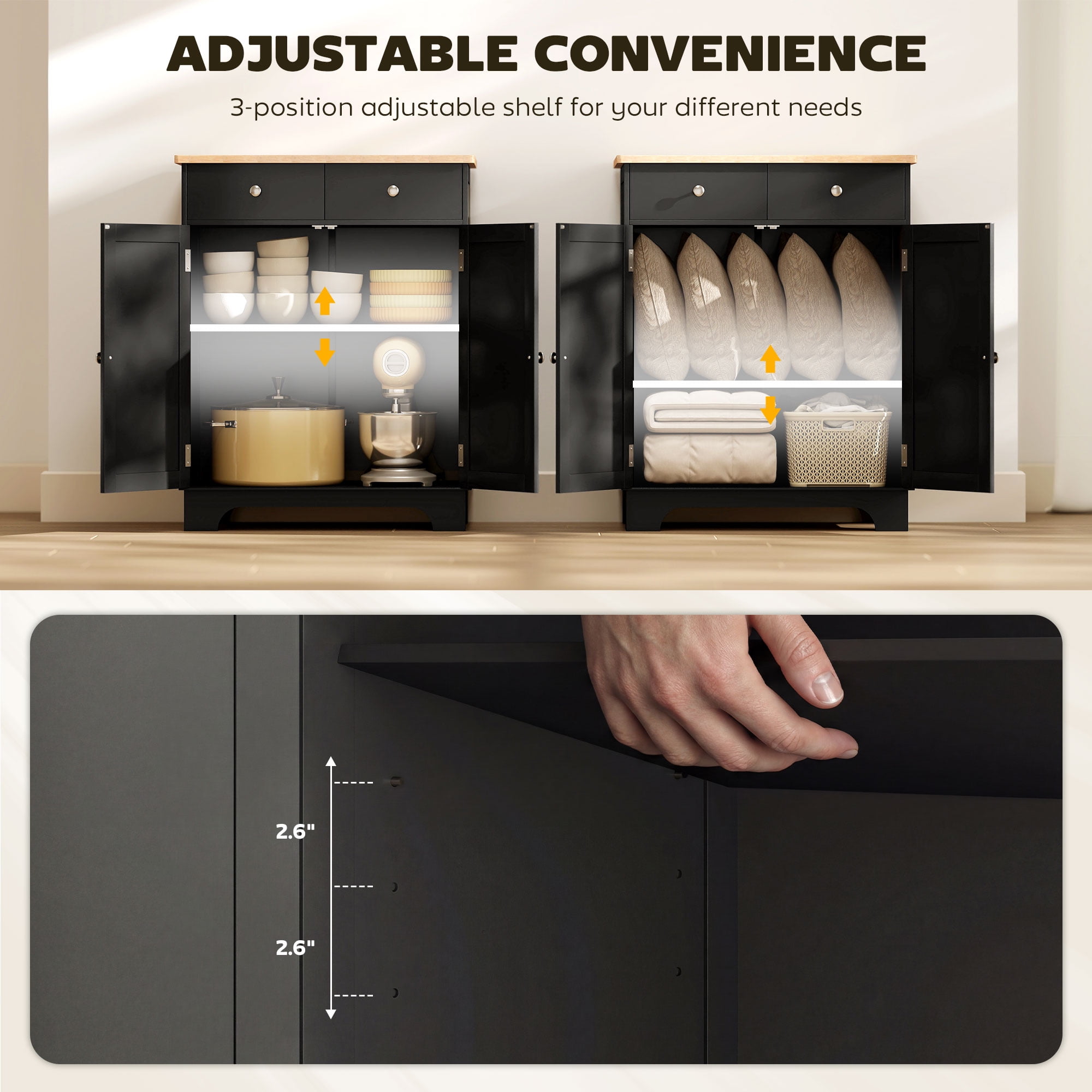 HOMCOM Kitchen Storage Cabinet, Sideboard Floor Cupboard with Solid Wood Top, Adjustable Shelf, and 2 Drawers for Living Room, Black
