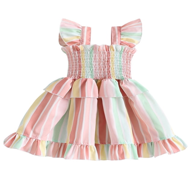OUSITAID Robes pour Filles Manches Volantes Col Carré Imprimé Rayé Décontracté Fête Rue Robe Princesse