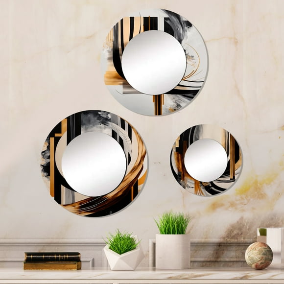 Designart "Art Deco with a Golden Touch I" Abstract Round Mirror Set Of 3 - Transitional Black Round Bedroom Mirror Wall Decor Set