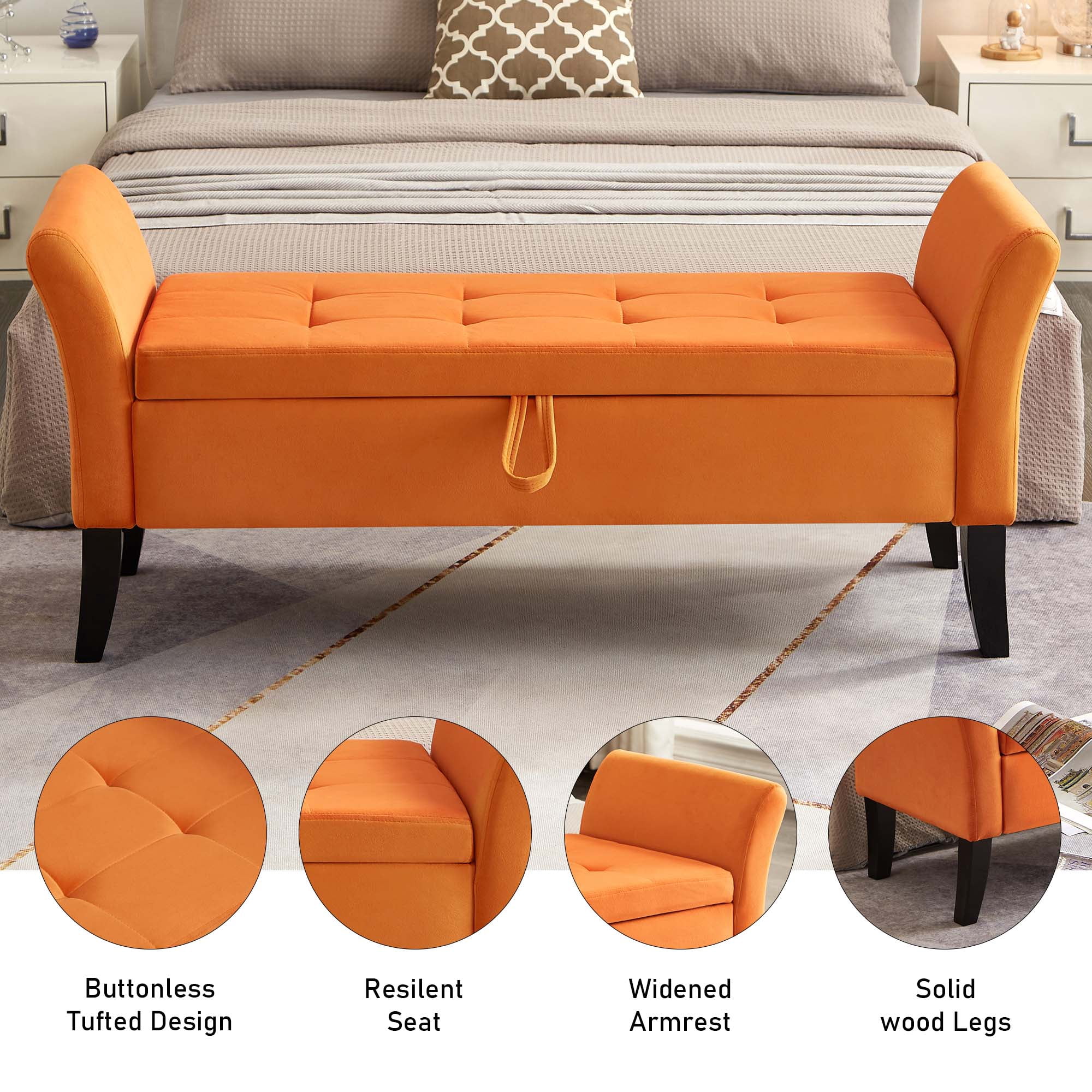 Aukfa End of Bed Bench with Curved Arms, 51.5" Velvet Tufted Upholstered Storage Ottoman Entryway Bench - Orange