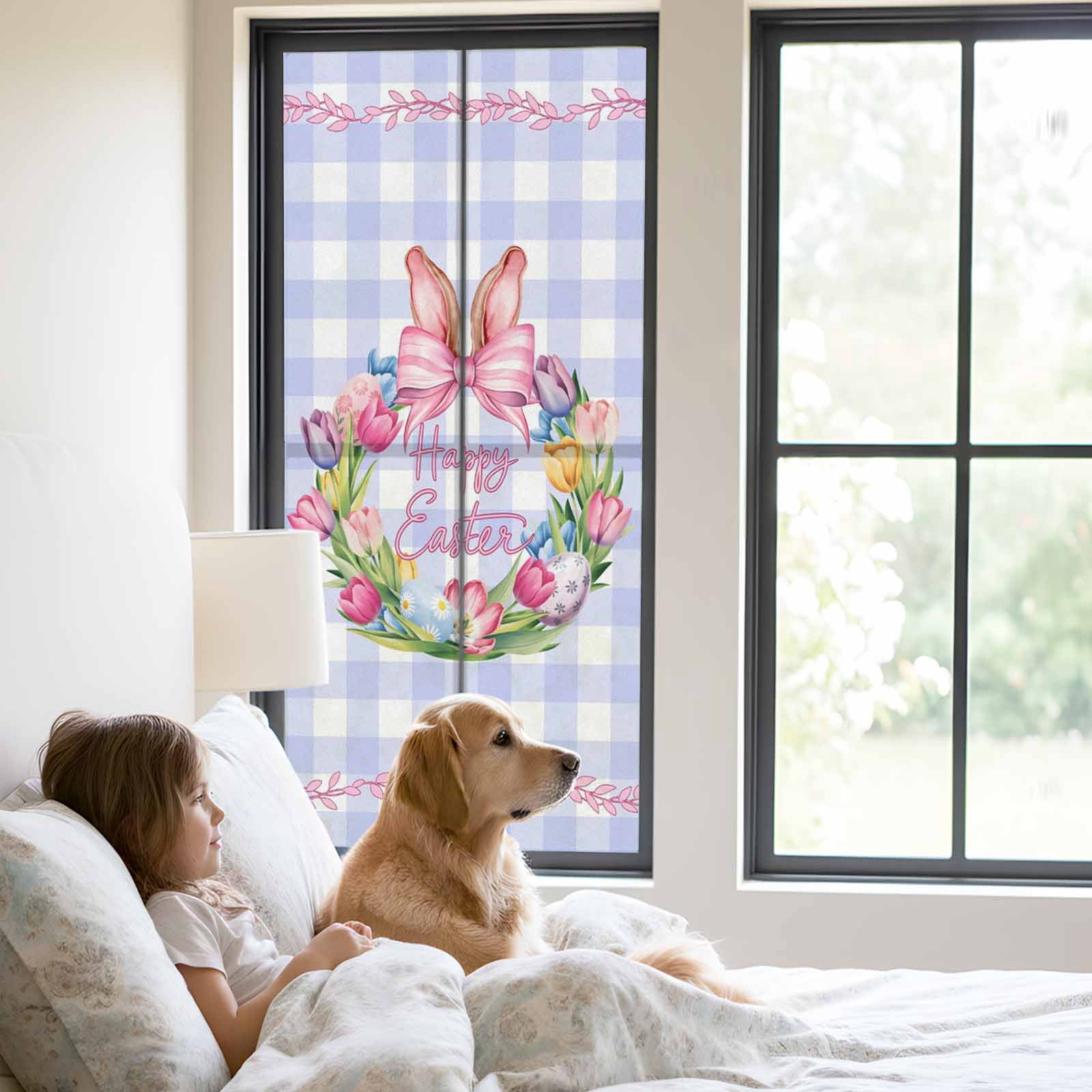 Happy Easter Window Privacy Film, Eggs Tulips Rabbit Ears Pink Leaf Purple Plaid Frosted Glass Window Clings Static Cling UV Heat Blocking Reusable Door Sticker for Bathroom 23.6 x 59 Inch
