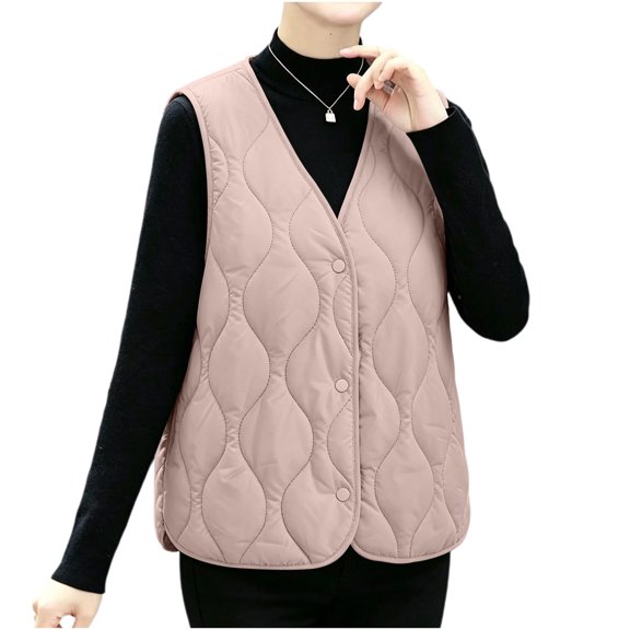Womens V Neck Puffer Vest Quilted Button Sleeveless Jackets Lightweight Fall Winter Layer Daily Casual Tops for Work Pink XL