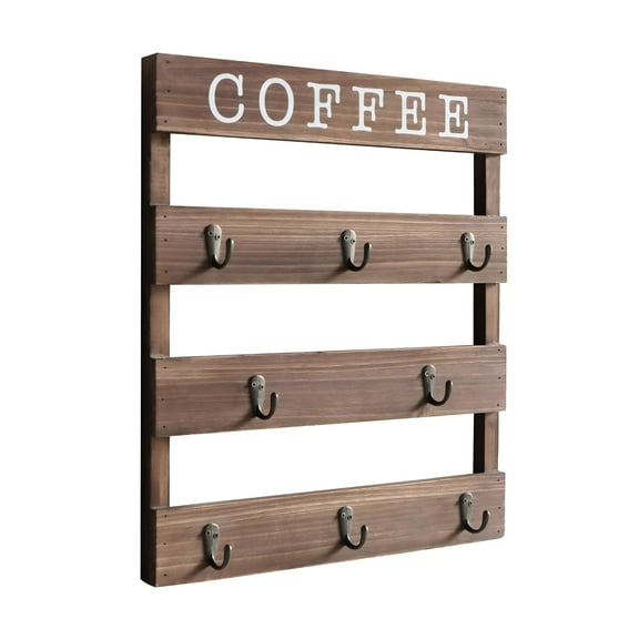 LAMIRO Solid Wood Coffee Mug Holder Wall Mounted,Rustic Cup Rack with 8 Hooks Large Space for Big Cups for Kitchen,Home,Coffee Bar Station (Brown)